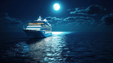 A luxurious cruise ship on a moonlit ocean with a glowing path in the water.