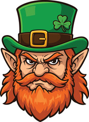Angry leprechaun mascot illustration with green hat, shamrock symbol, Irish folklore character, St Patrick’s Day fantasy design, traditional cartoon vector artwork