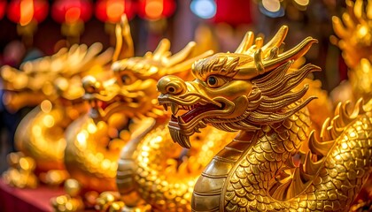 Fototapeta premium Golden Dragon Statues in a Row.