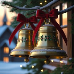 golden christmas bells with red bows hanging on a snowy pine branch