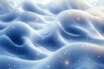 White snow falling on a small red house at night with shiny stars on a blue background.