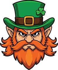 Angry cartoon leprechaun mascot illustration with green hat, orange beard, shamrock clover symbol, traditional Irish folklore character, St. Patrick’s Day vector design