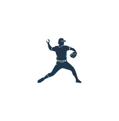 Baseball player silhouette throwing ball isolated on black background