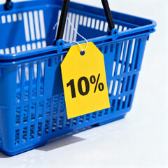 A blue plastic shopping basket with a yellow tag displaying "10%" discount.