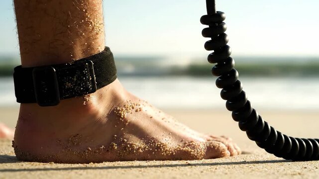 Surfers foot with leash on a sandy beach near the ocean