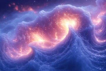 Large wave with bright orange and blue colors crashing.