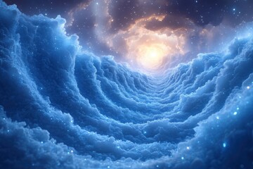 Stars twinkle against a blue sky scattered with fluffy white clouds.