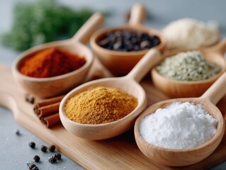 Detail Shot Of Assorted Spices Displayed In Wooden Bowls On A Wooden Board