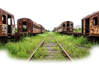 Obraz premium Abandoned train cars on overgrown tracks isolated on white background