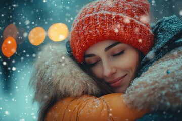 Woman in red hat and coat hugging in snow.