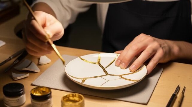 Artisan Restoring Pottery with Kintsugi Technique