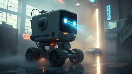 Retro Robot in Futuristic Garage.