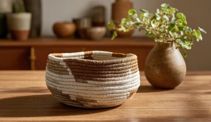 A handcrafted, woven basket in beige and brown sits on a wood table, next to a small potted plant and blurred background of pottery