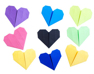 Set collection or collage of heart shaped origami paper in various color isolated on transparent background