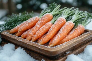 Snow-covered carrots in a wooden tray.
