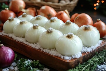 Wooden tray with onions and onions.