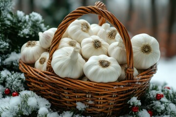 Garlic bulbs in a basket.