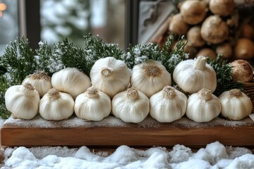 Garlic bulbs nestled in the snow.
