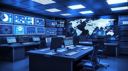 Modern Data Control Center with Large Digital World Map Screens and Multiple Computer Workstations
