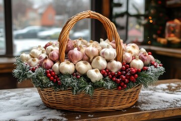 Basket filled with garlic and onions.