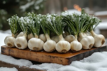 Garlic bulbs nestled in the snow.