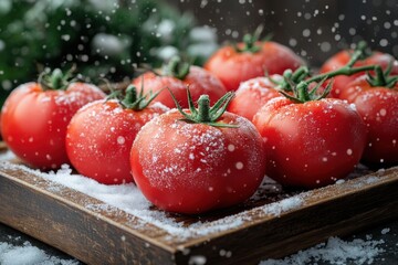 Fresh cherry tomatoes in a wooden tray with snow.