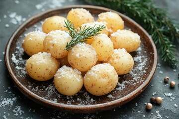 Plate of potatoes with salt and rosemary.
