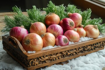 Wooden box filled with onions and pine.