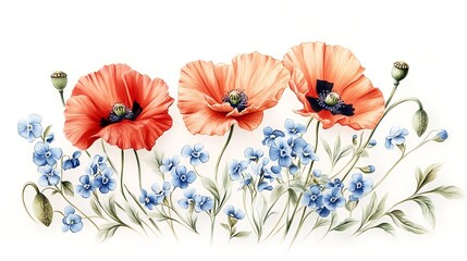A delicate bouquet of poppies and forget-me-nots, hand-drawn in colored pencil with vintage charm, pastel red and blue flowers with fine green stems, arranged naturally on a clean white background.