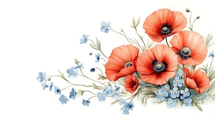 A delicate bouquet of poppies and forget-me-nots, hand-drawn in colored pencil with vintage charm, pastel red and blue flowers with fine green stems, arranged naturally on a clean white background.
