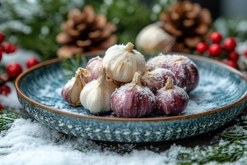 Garlic on plate with snow.
