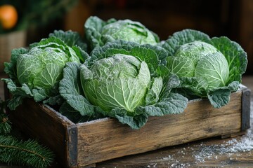 Crate of cabbages with Christmas tree in background.