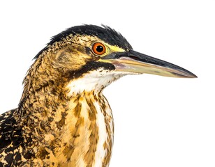 Close-up profile of a bird with mottled brown and gold plumage, sharp beak, and intense orange eyes, set against a white background