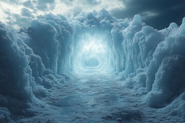 Ice skater gliding through a tunnel in the middle of a frozen lake.