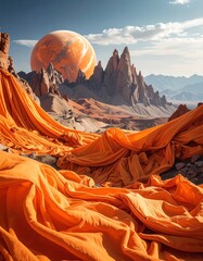 Orange draped desert landscape with large orb