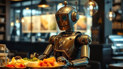 Retro Robot Serving Fruit Cafe.