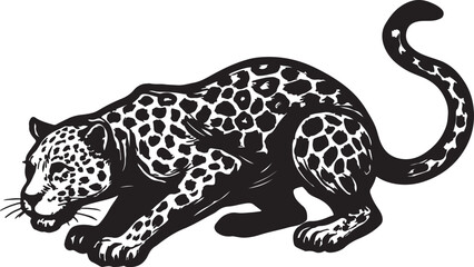 Dynamic black and white ink sketch of a powerful leopard in a stalking pose with spotted fur and a curled tail