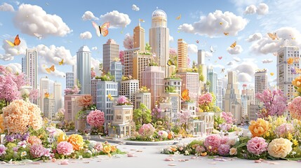 whimsical promo banner for holiday campaigns A vibrant cityscape blooming with flowers. colorful dreamy advertising design background playful fantasy promo template for online marketing