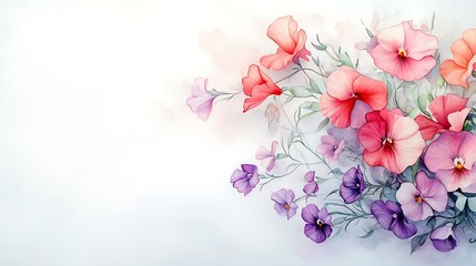 Fototapeta premium A romantic floral corner design, hand-drawn with colored pencils, featuring delicate sweet peas and vibrant violets, gently curling from the bottom left, soft pastel palette, white background.