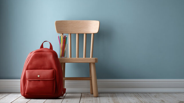 Red backpack wooden chair colored pencils blue wall school supplies classroom education learning simple calm - Powered by Adobe