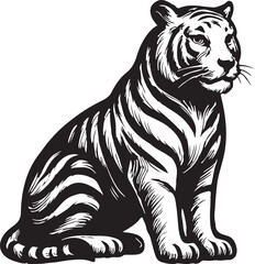 Detailed black and white ink sketch of a majestic tiger sitting calmly with its distinctive stripes and powerful build