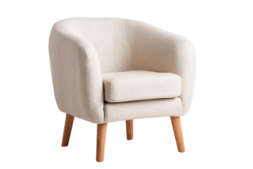 Creamy-beige upholstered armchair with rounded back and wooden legs