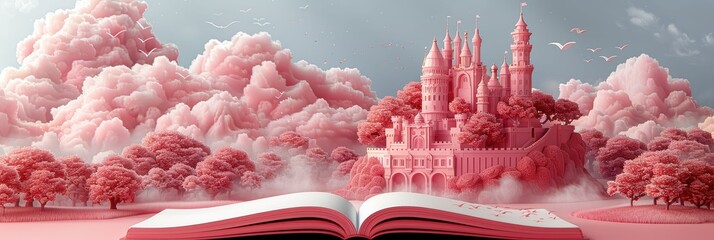 Obraz premium A magical 3D pop-up book features a vibrant castle rising amid lush gardens and flowing rivers, symbolizing imagination, adventure, and discovery.