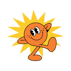 Trendy Line Art Happy Walk Mascot Character with Starburst Shape Illustration