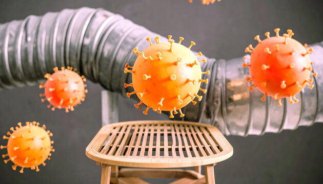 Coronavirus Pandemic: Orange Virus Cells Floating Above Wooden Chair with Metal Ductwork Background