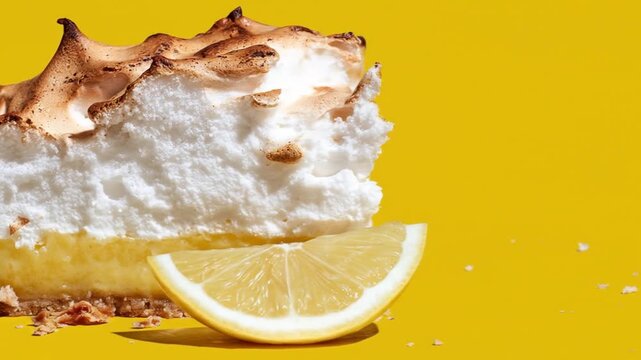Close up of a fresh slice of lemon meringue pie on yellow background