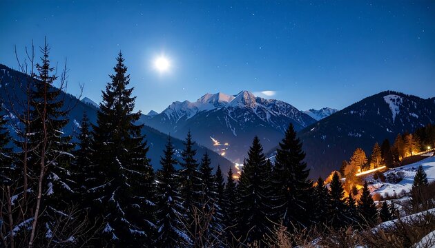 Snowy mountains at night under a full moon - Powered by Adobe