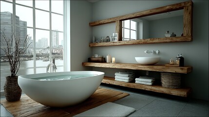 Modern bathroom interior with a freestanding tub a large window and wooden accents.