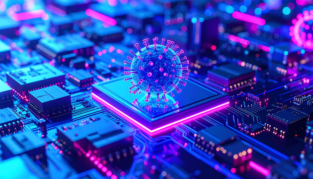 Digital Virus: Futuristic Microchip with Glowing Coronavirus, Cyberpunk Aesthetic.