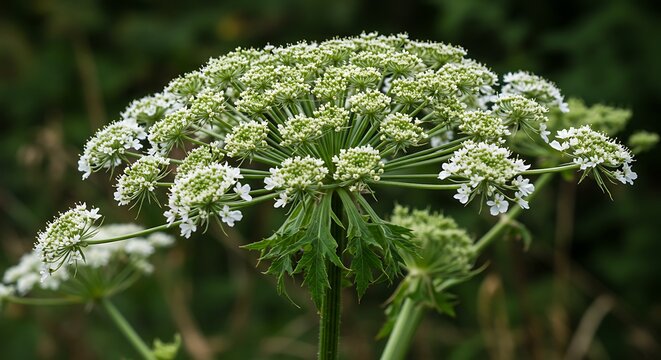 Close up of a giant hogweed plant with white flowers in bloom